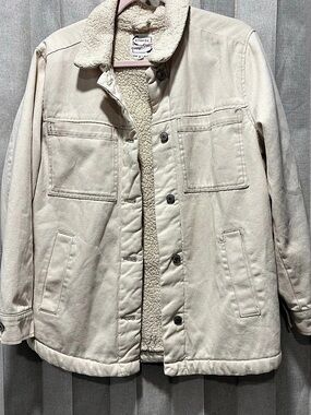 STOOSH Vintage Denim Sherpa Lined Utility Jacket in Cream Size Medium